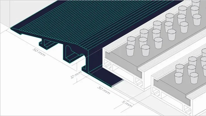 Profil najazdowy 50 mm przy wycieraczce SLIM 12/30 — przekrój z wymiarami, wysokość 12 mm