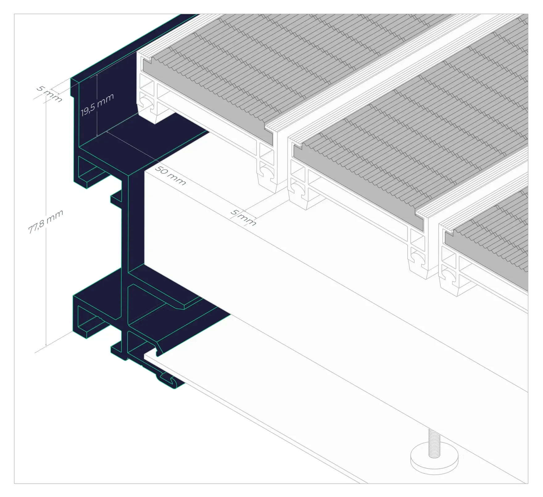 Osadnik aluminiowy pod wycieraczką ARCHITECT 19/50, wysokość 77,8 mm — przekrój