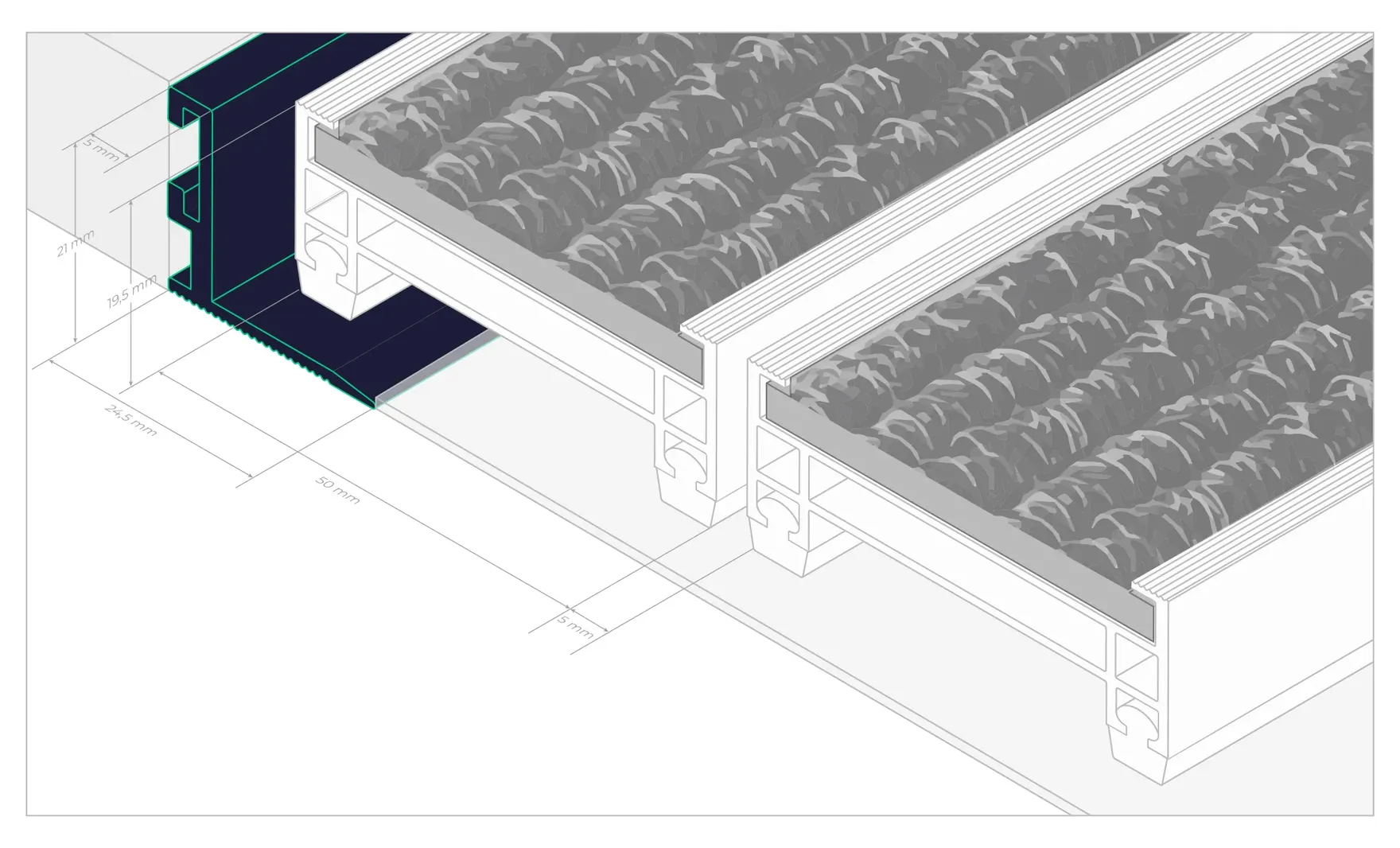 Przekrój profilu ARCHITECT 17/50 z ramą montażową i wymiarami zabudowy