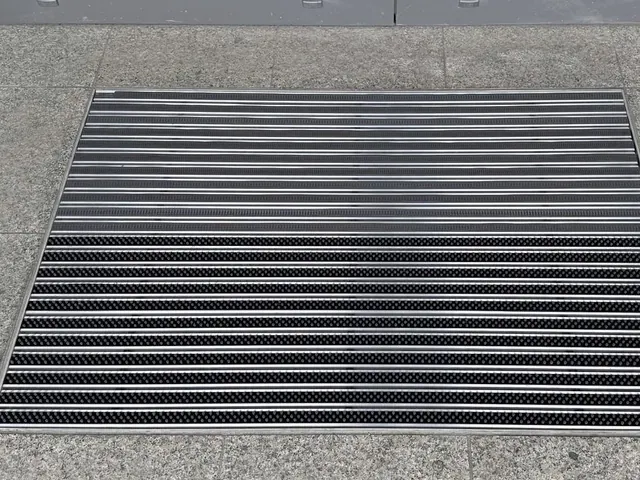 Wycieraczka aluminiowa NEVRA osadzona w zagłębieniu przy wejściu zewnętrznym, profil STANDARD 17/30